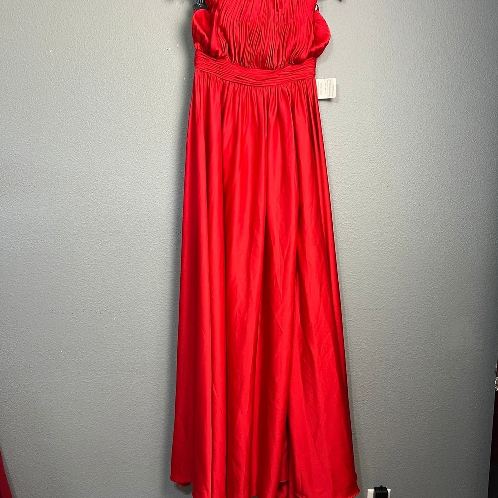 Mac Duggal Floral Print Cap Sleeve Satin Midi Red Halter Dress Gown Formal Sz 4